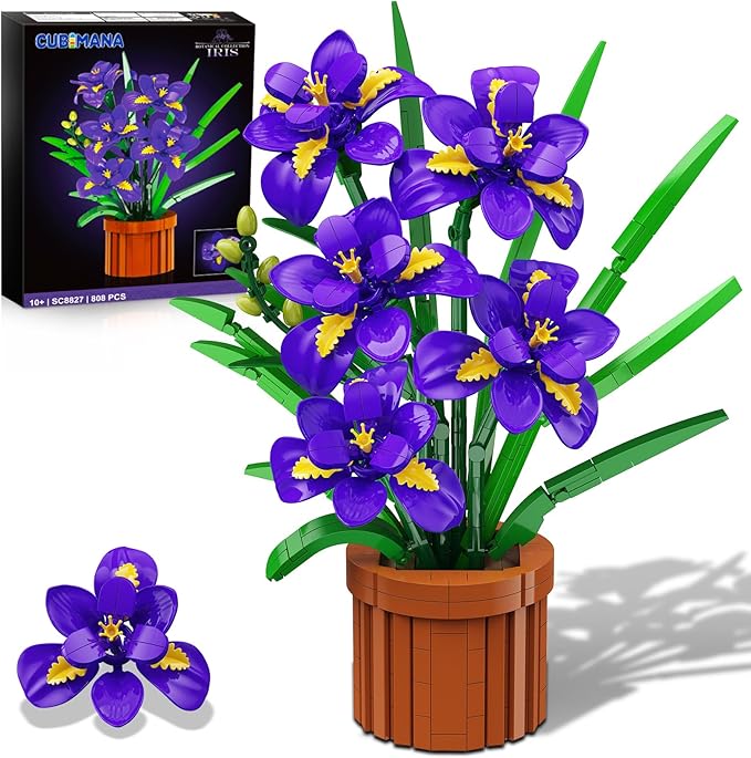 Flowers Botanicals Iris Building Set - Easter Artificial Purple Bonsai Plant for Home Office Décor 808PCS Flower Building Kit Indoor Decoration Floar Gift for Adults Wife Girlfriend Mom