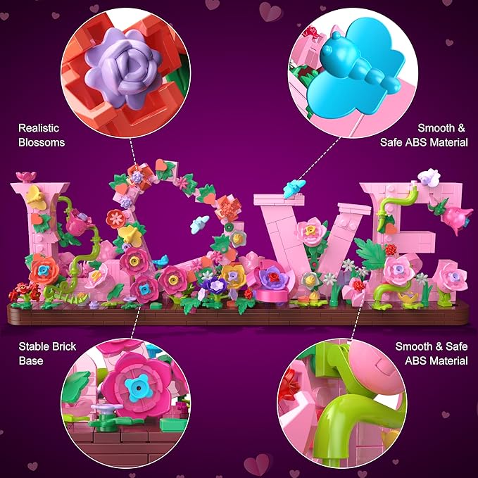 Love and Flowers Building Set for Adults 791 PCS Letter Brick Art Pink Flower Blocks for Home Décor Gift for Kids Birthday Valentine’s Day Mother's Day Confessing Love for Her or Him