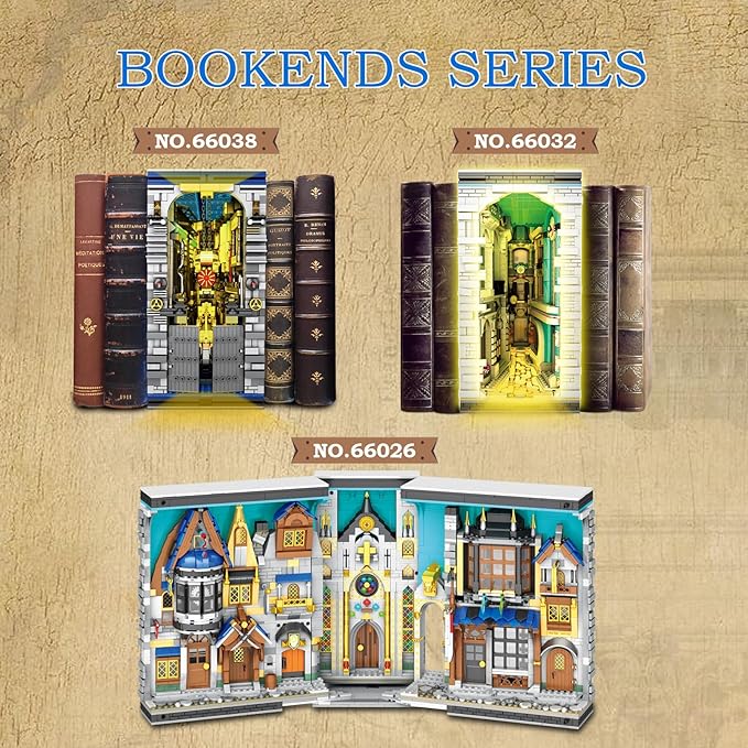 Reobrix Medieval Architecture Book Nook Building Set with Lights European Century Street View Bookshelf Insert Decor Bookshelf Diorama Building Blocks Kit DIY Miniature House Model Kit