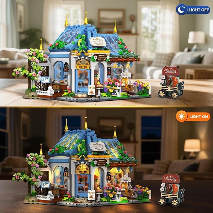 Flower Café House Building Set with LED 1520 PCS Botanical Coffee Architecture with Openable Design Floral Bakery Construction Model for Home Decor Gift for Adults Women Teens Girl Boy 12+