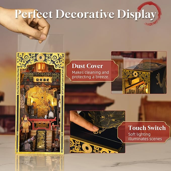 Book Nook Kit 3D Wooden Puzzle for Teens and Adults DIY Miniature Dollhouse Booknook Kit Bookend Bookshelf Insert Decor with LED Light (The Emperor’s Study)