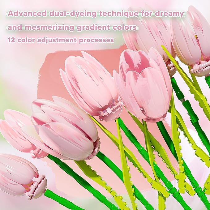 Flower Bouquet Building Toy Set Tulips Botanical Building Blocks for Adults Home Office Decor Pink Color
