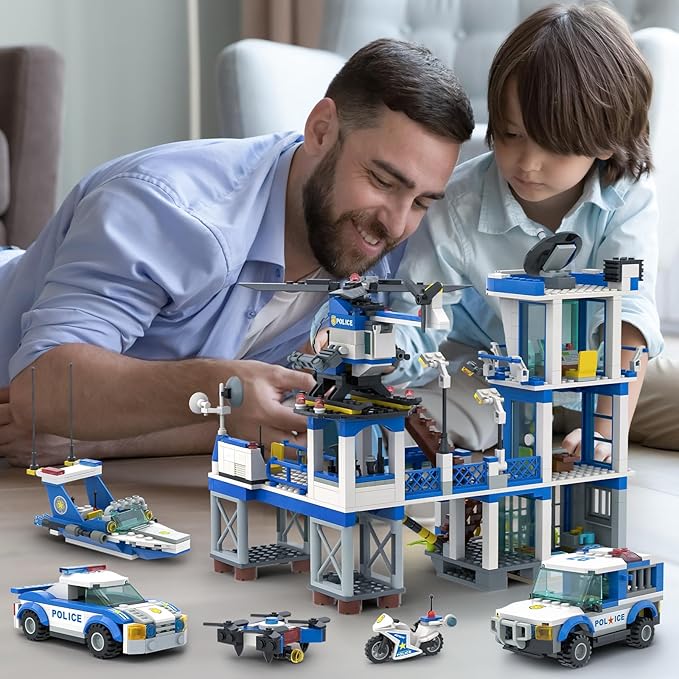City Police Station Toy Building Set - 890 Pieces Helicopter Police Car and Truck Patrol Boat Coast Guard Headquarter Toy - Ideal Creative Roleplay Gift for Kids Boys and Girls Ages 6-14