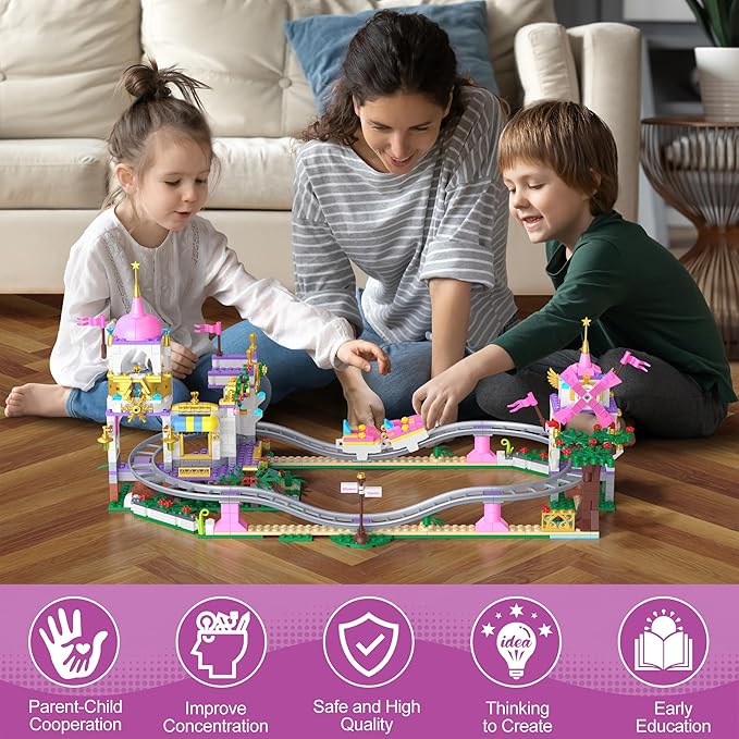 Castle Roller Coaster Building Set STEM Amusement Park Construction Kit for Kids Creative Pink Playground Blocks Birthday for Girls Boys Ages 6-12 (749Pcs)