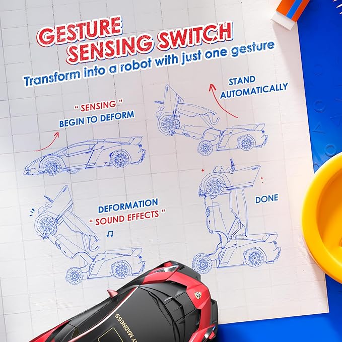 Holyton 1:10 Scale Transforming RC Car &amp Robot with Gesture Control 80 Mins Play (2 Batteries) One-Button Transformation LED Lights &amp Sound Effects – STEM Gift for Boys &amp Girls Ages 5-1