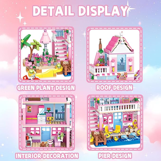 Beach Villa Building Block Set Deluxe 2-Story Vacation Resort with Pool Palm Trees &amp Fun Details STEM Toy for Kids Teens