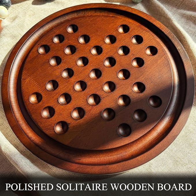 Solitaire Game12.7-Inch inches Solid Wooden Board with 33 Natural Marble Balls Deluxe Solitaire Game Set Single-Player Strategy Board Game and Smart Games