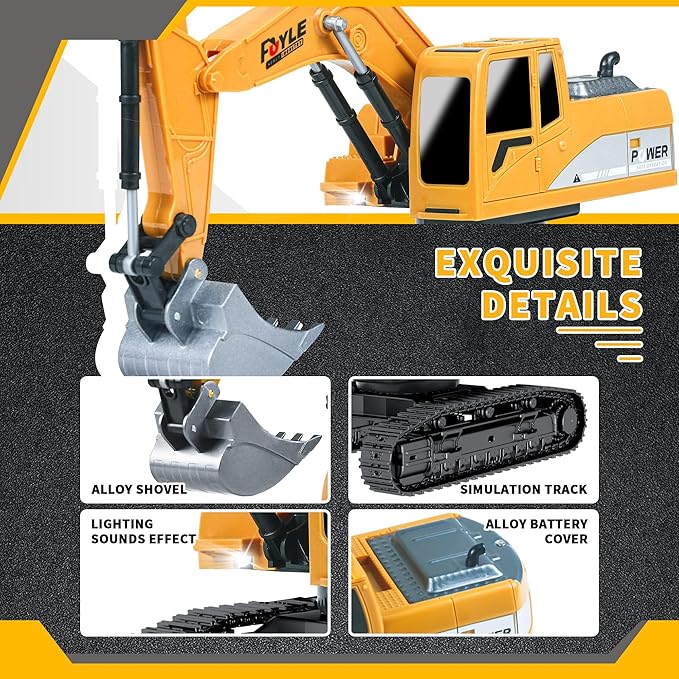 Remote Control Excavator Toys 1: 24 Engineering Digger Truck for Boys with Metal Shovel Lights Sounds Turns 680 Degree 2.4 GHz Construction Toys Christmas Birthday Gift for Kids