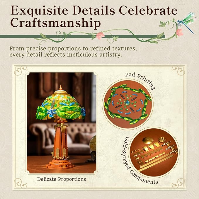 PANTASY Vintage Style Table Lamp Bricks Set Stained Glass Lamp Building Block Set Dragonfly Floral Table Lamp Retro Art Desk Night Light with LED USB-C Powered for Adult Home Decor Collection Gift