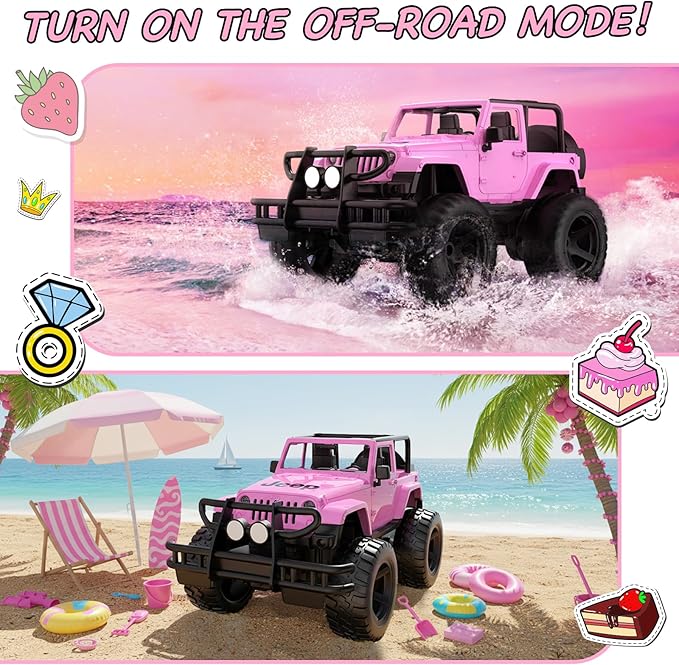 DOUBLE E Jeep Licensed 1:14 Scale Pink Remote Control Car for Girls with 2*DIY Stickers Open-top Design RC Jeep 80Min Play 2.4Ghz Off Road RC Trucks with LED Lights Birthday/Xmas Gifts for Girls 6+