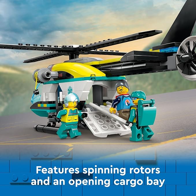 LEGO City Emergency Rescue Helicopter Toy Aircraft Playset for Kids Fun Gift for Boys and Girls Aged 6 Plus Hiker Rescuer and Pilot Minifigures Chopper with Winch and Spinnable Rotors 60405