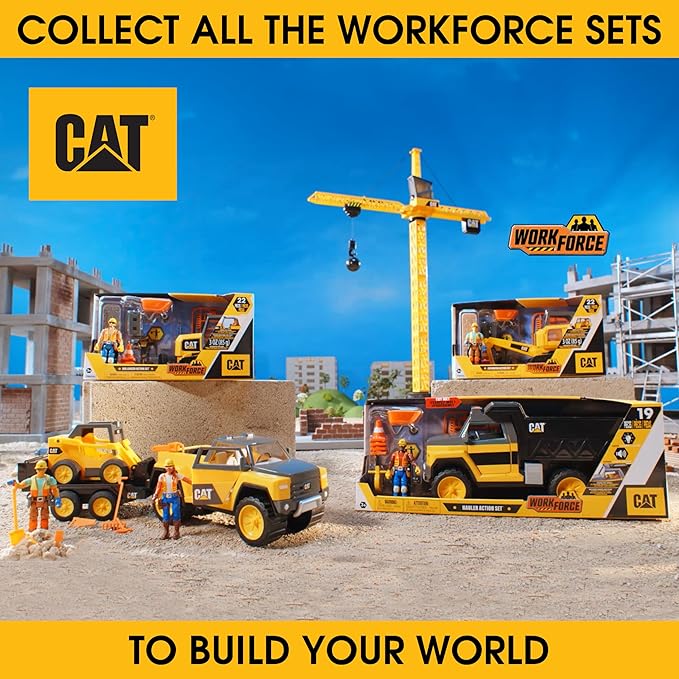 Cat Construction Workforce Hauler Action Set 18-Piece Kids Construction Toy Playset with Freewheeling Hauler Truck Lights &amp Action-Activated Sounds 4-Inch Figure Tools &amp Accessories Ages