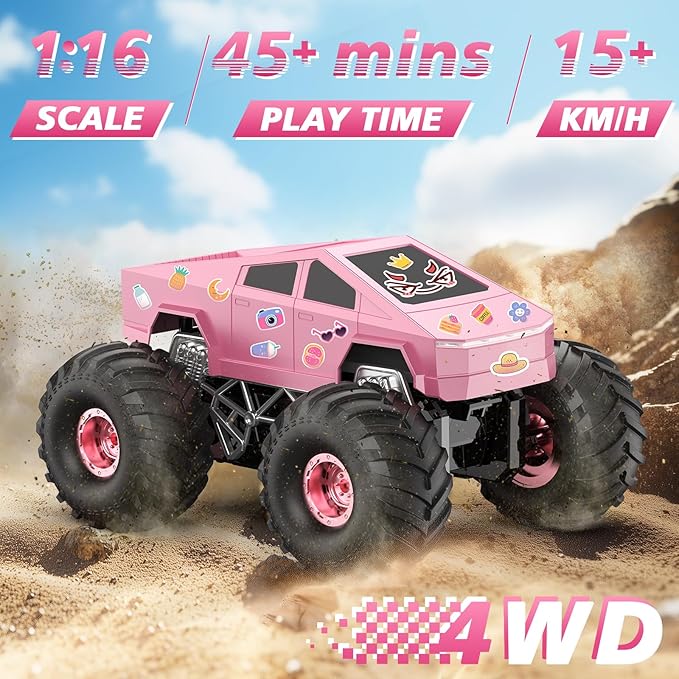 Remote Control Car Cyber RC Truck Toy 1:16 2.4GHz 4WD Off-Road Amphibious Waterproof Monster Truck for All Terrain Kids Birthday Gifts for Boys Girls Age 6 7 8 9 10 11 12 Year Olds (Pink)