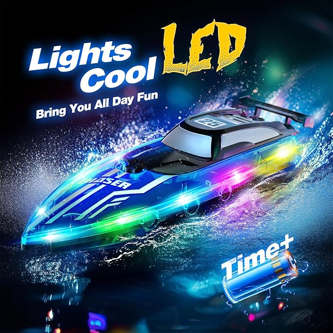 RC Boat for Kids with LED Lights 2.4Ghz Remote Control Racing Boats for Ages 8-12Toy Water Boat for Pools &amp Lakes with WaterproofRechargeable Battery for Boys Girls Blue