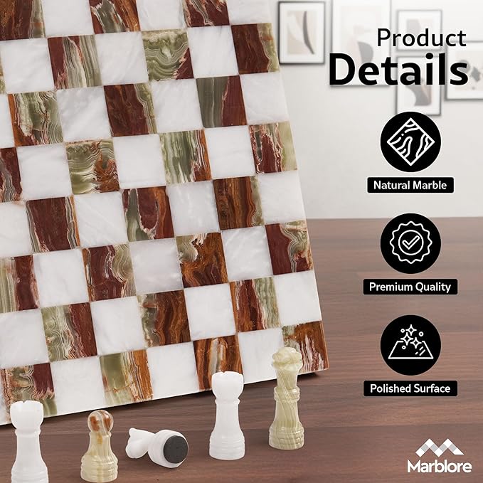 Marble Chess Set 10 Inch White &amp Green Travel Chess Board with 32 Pieces &amp 2 Extra Queens Handcrafted Classic 2 Player Chess Game for Adults