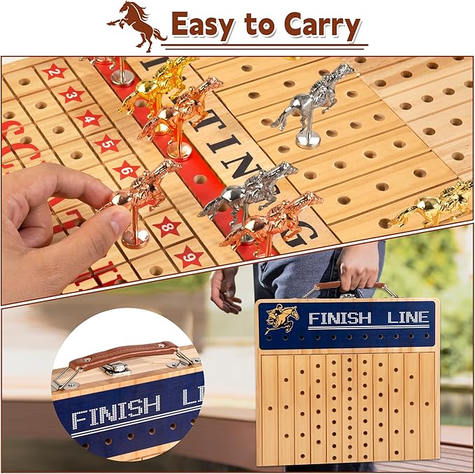 Bravmate Large 21 Inches Horse Race Board Game Solid Wood Foldable Horse Racing Game with 11 Luxury Metal Horses 2 Wooden Dice 2 Boxes of Cards 80 Chips for Parties