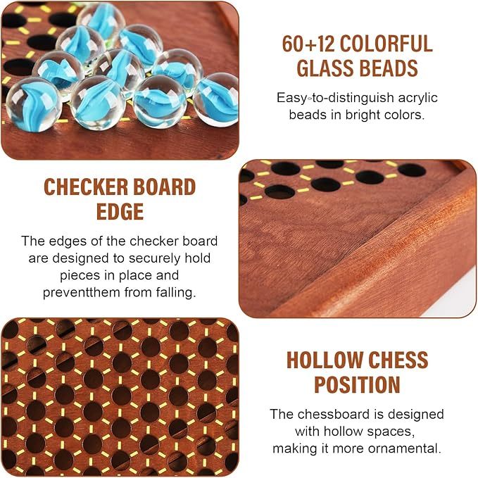 12.7 Inches Wooden Chinese Checkers Set with Storage Drawer -60 Glass Marbles in 6 Colors -12 Bonus Spare Marbles| Chinese Checkers Board Game for Kids and Adult