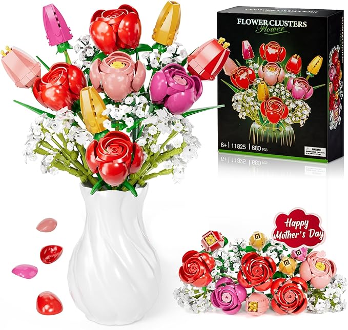 Utbttor Flower Bouquet Building Kit Red Rose &amp Tulips 680 Pcs Building Blocks Set - Valentine's Day Mother's Day Christmas Birthday Gift for Adults Women Her Home Office Decor No Vase