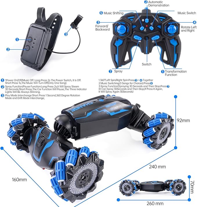 4WD Remote Control Gesture Sensor Car Double-Sided Rotating 360° Flips Drift with Lights Music RC Stunt Twist Car Birthday Presents for 6-12 Kids (Blue)