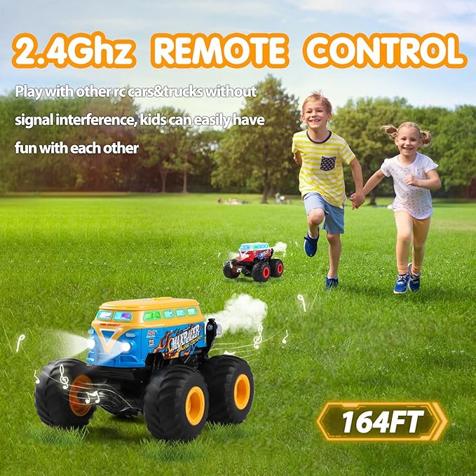 DYODYORC Remote Control Car 2.4Ghz All Terrain RC Monster Truck Toys with Spray Music 3 Lighting Effects 360 Stunt Capable All Included Ready to Run Toy Gifts for Boys and Girl (Yellow)