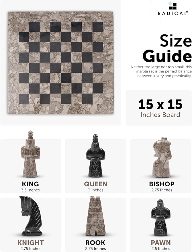 Radicaln Marble Antique Chess Set with Storage Box 15 Inches Oceanic and Black Handmade Board Game 2 Player Classic Chess Sets for Adults Board &amp 32 Chess Pieces