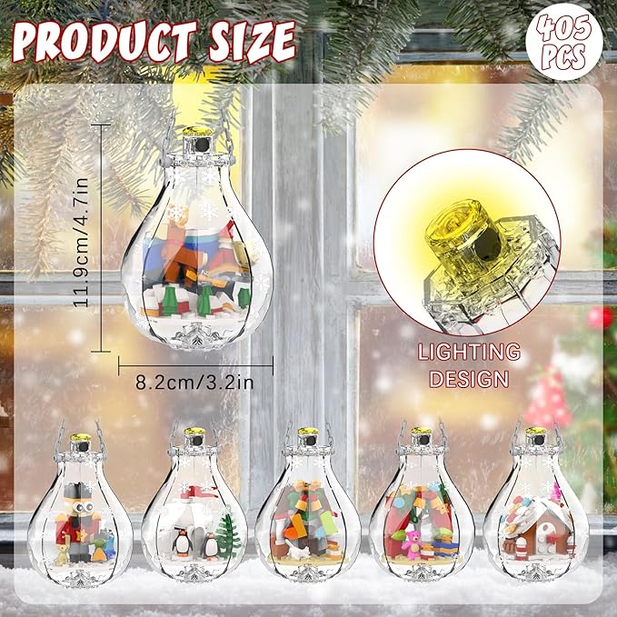Christmas Tree Ornaments Building Set with Light Santa Claus Gingerbread House Nutcracker Penguin Bear Building Kit in Bulbs 6 Pack Xmas Decorations Stocking Stuffers Gift for Kids (405 PCS)