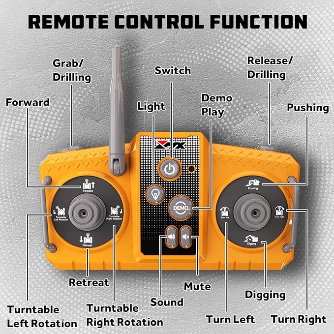 Remote Control Excavator Toys for Boys 3 in 1 RC Excavator Toy with Alloy Bucket Rock Breaker and Grapples - Rotatable 680° Lights and Sounds RC Construction Toys for Boys Age 3+