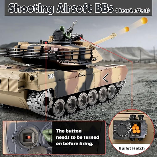 1:18 RC Tank 2.4G US Metal M1A2 Remote Control Tank That Shoot BBS Model Toys Army Toy with Smoke Lights Sound and RecoilMilitary RC Vehicle for Adults and Kids 6+ Year Old