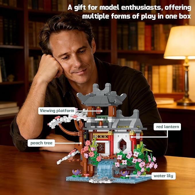 Peach Blossom Bonsai Tree House Building Set with Light 3 in 1 Compatible with Lego Japanese Architecture Model Collection for Adults Girls - 1095PCS