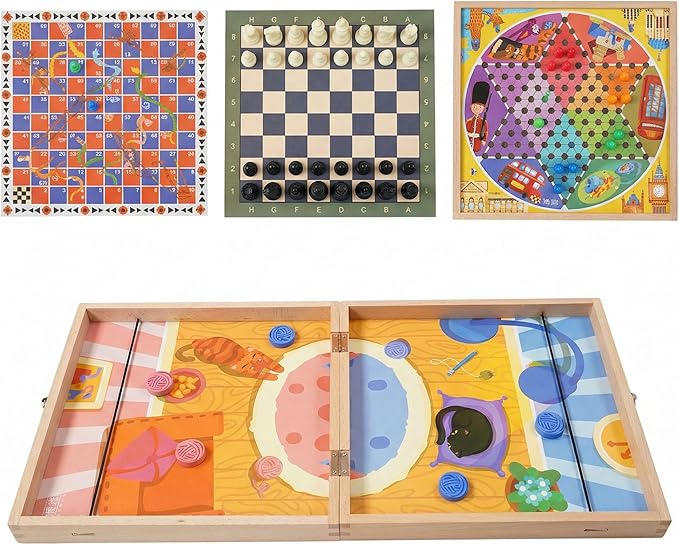 5-in-1 Wooden Board Games for Kids &amp Adults Premium Beech Wood Frame Family Game Center with Fast Sling Puck Detachable Flat Chess Board Chinese Checkers Ludo &amp Snakes and Ladders