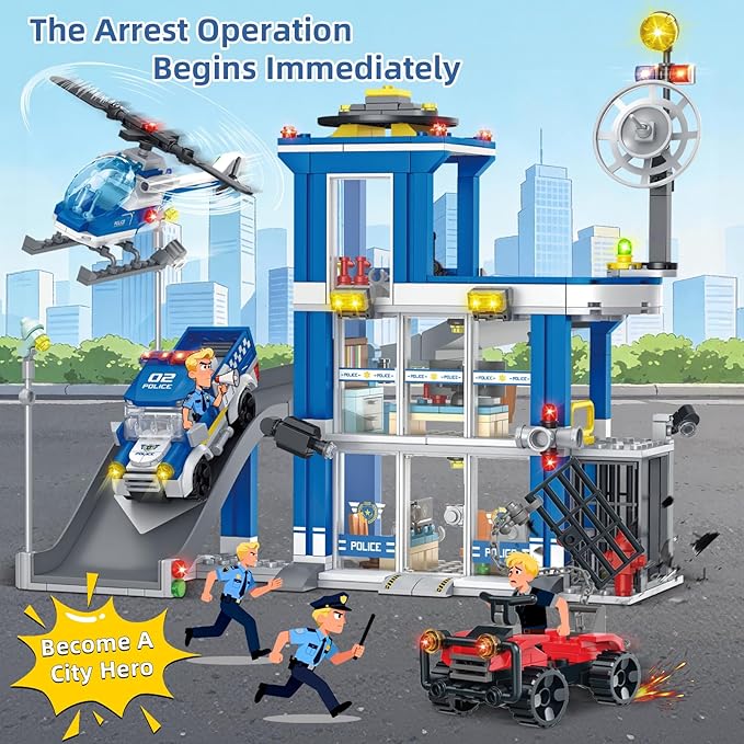 City Police Station Building Sets 601PCS City Police Sets Toy with Police Car Gangster Car Helicopter Police Building Block Toys Gifts for Kids Boys Ages 6-12