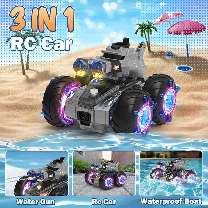Amphibious Remote Control Car with Water GunWaterproof Monster Truck Rc Boat Water Tank Swimming Pool ToysGesture Sensing RC Stunt CarsBirthday Gifts for Boys Girls Teens 8 9 10 11 12 13+ yrs