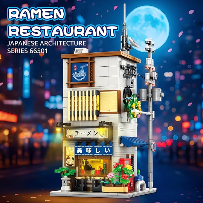 Reobrix Japanese Ramen Shop Building Blocks 66501 2 in 1 Creative Street View House Building Kit with Light Japanese Architecture Home Office Decor Ideal Gifts for Boys Girls Adults 14+