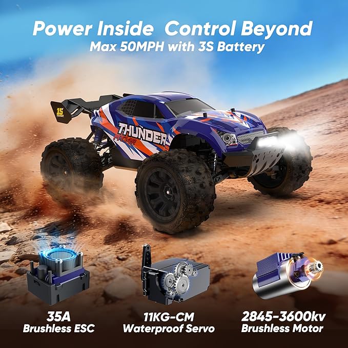 1/14 Brushless RC Cars Fast 50 mph4WD Waterproof All Terrain Truck with 2 Lipo Batteries and 25W Fast Charger4x4 Hobby MTR RC Truck with 3S Battery