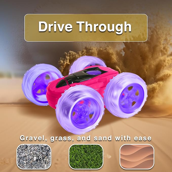 Contixo SC3A Toy Remote Control Car for Kids with Double-Sided 360° Rotating Stunt 4WD Off-Road RC Cars with LED Lights Birthday for Boys and Girls Ages 4 5 6 7 - Pink