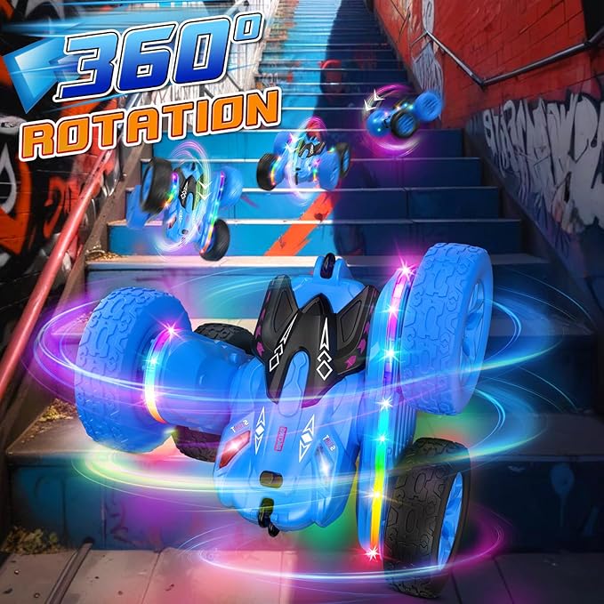 Remote Control CarRC Cars with Sides Light Strip and HeadlightsDouble Sided 360 Flips Rotating RC Stunt Car2.4Ghz All Terrain Toys for Ages 4-8 Kids Toy for Boys Birthday Gift(Blue)