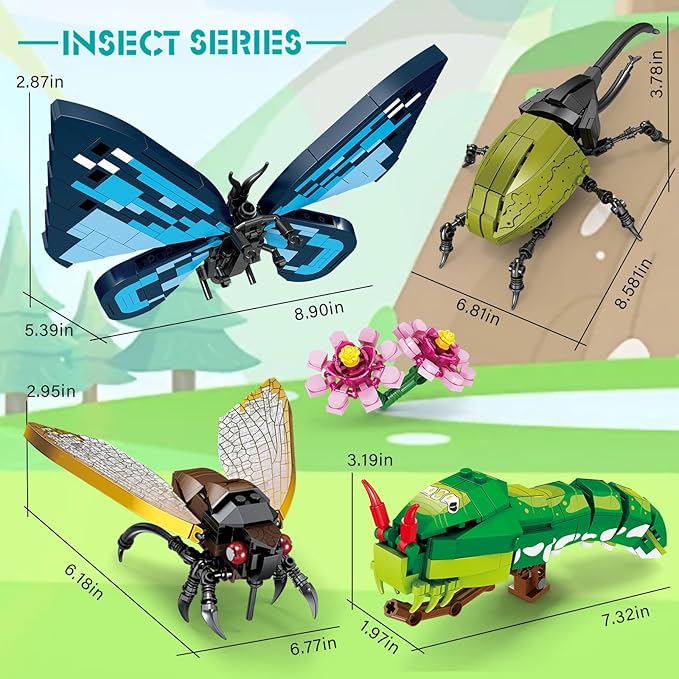 Lynda Insect Building Blocks Insect Set Butterfly Insect Block Toys for Kids Educational DIY Construction Toys with Butterfly Cicada Caterpillar Flowers Compatible with Major Brands