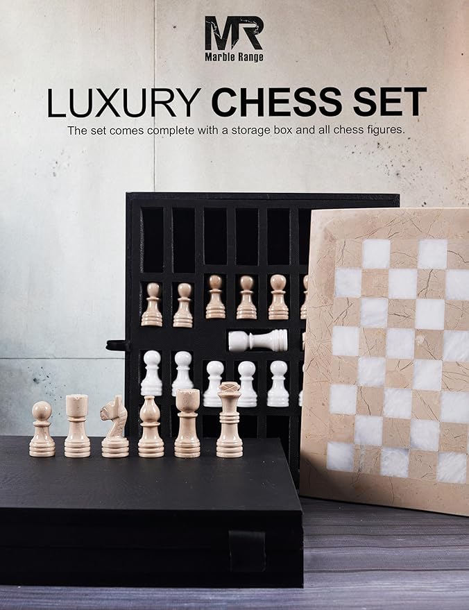 Marble Chess Set for Adults 12 Handmade Verona &amp White Board Game with 32 Chess Pieces 2 Extra Queens &amp Storage Box Luxury Travel Game Elegant for Home Decor