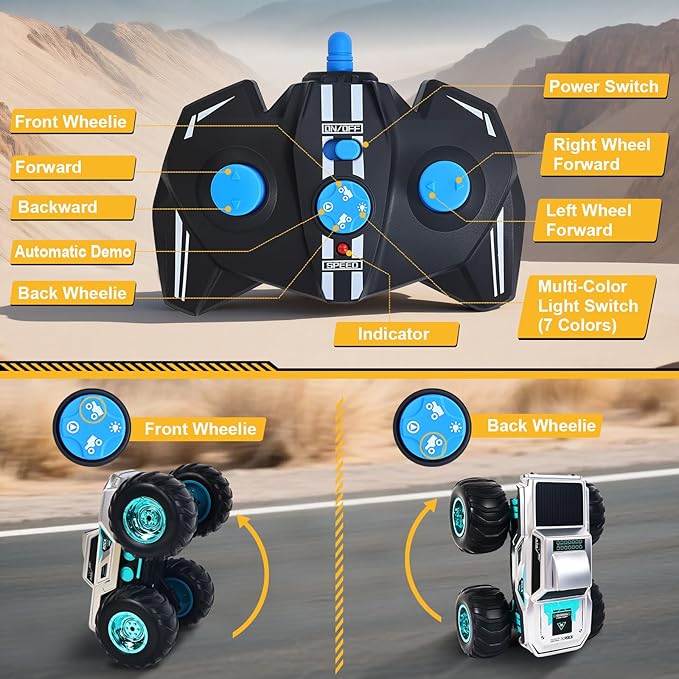 Waterproof Amphibious Remote Control Truck for Kids Gyroscope Self-Balancing Monster Truck with Wheelie Stunts LED Lights All-Terrain RC Car for Boys Girls Ages 6–12 Outdoor Pool Toy Gift