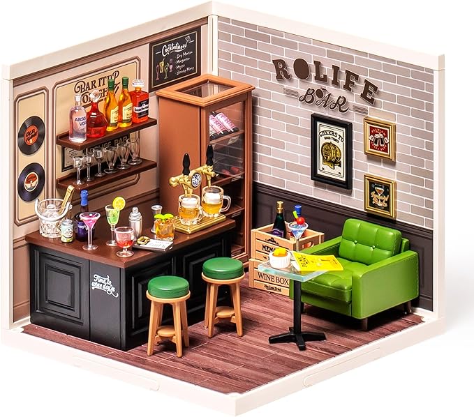 ROBOTIME Miniature House Kit DIY Plastic House Building Toy Set with LED Tiny Store Making Kit Model Craft Hobby Unique Gift (Leisurely Cheers Bar)