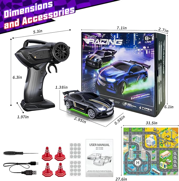 Mini RC Drift Car 1:64 Scale Remote Control Car with LED Lights &amp 2-Speed Modes 2.4GHz Stunt Drifting RC Toys with 4 Obstacles &amp Track Mat Hobby Gift for Kids &amp Adults Black