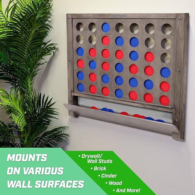 GoSports Wall Mounted Giant 4 in a Row - Jumbo Four in a Row with Coins - Gray Stain
