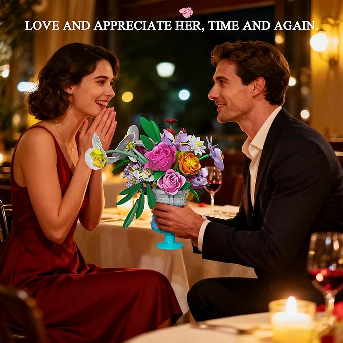 Flower Building Set with Vase Artificial Botanical Flower Set for Adults Women Home Décor Display Romantic Gift for Christmas Valentine’s Day Compatible with Lego Flower 956 PCS