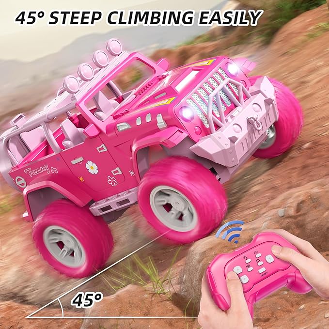 Pink Remote Control Car for Girls 4-7 2.4GHz Off-Road RC Jeep with Spray Climbing Toy for Girls Aged 3-4 5-6 7-8 9-10 Remote Control Vehicle Gift for Birthday Christmas Toys