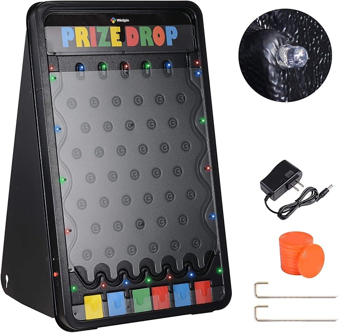 30x19 Prize Drop Plinko Board with Led Foldable Stand with 8 Playing Pucks Tabletop Penny Drop Game for Carnival Trade Show Live Stream Party