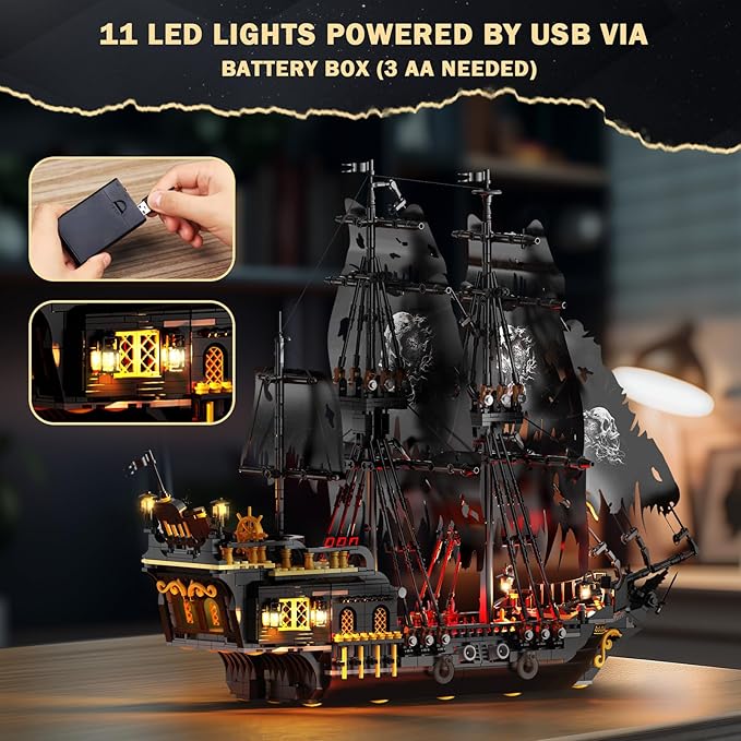 JMBricklayer Pirate Ship Building Toys with Lights Pearl Pirate Ship Model Boat Kit 40002 Black Ship Toy Building Sets for Adult Teens 14+ Home Office Decor Valentines Gifts(1713 PCS) New Upgrade