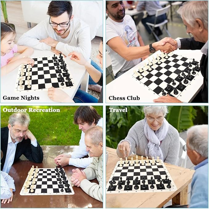 Tournament 20-inch Silicone Chess Board with 3.5 King Quadruple Weighted Pieces 2 Extra Queens &amp Dust Brush for Easy Care. Professional Portable Chess Set in Storage Bag