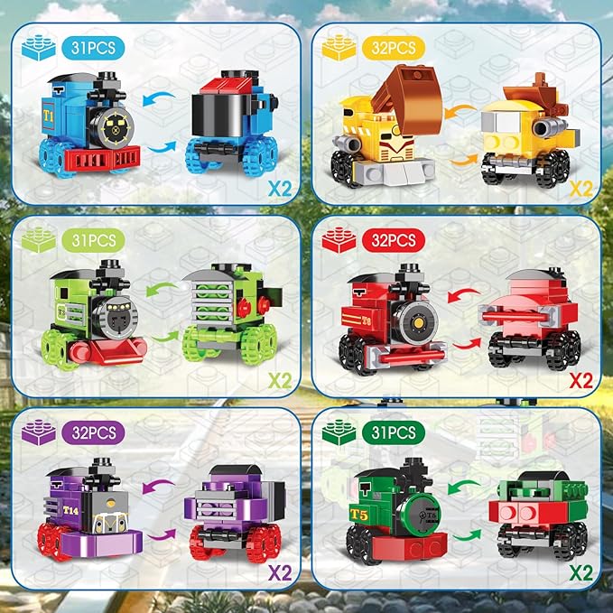 Mini Building Block Sets 12PCS Vehicle Train Toys Building Blocks 6 in 1 STEM Toys Eggs Building Sets Party Favors for Kids Goodie Bags Prizes/Birthday Gifts