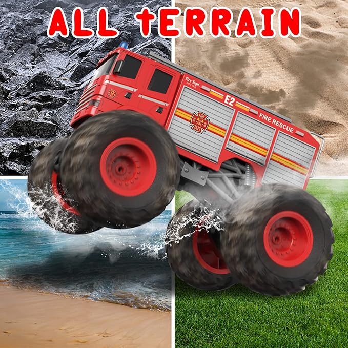 Remote Control Car RC Fire Truck for Kids RC Monster Truck Toy 2.4GHz 1:18 Scale Model Vehicle with LED Lights Sounds Racing Sport Toy Car for Adults Boys Girls Kids Gift 2Pcs Batteries