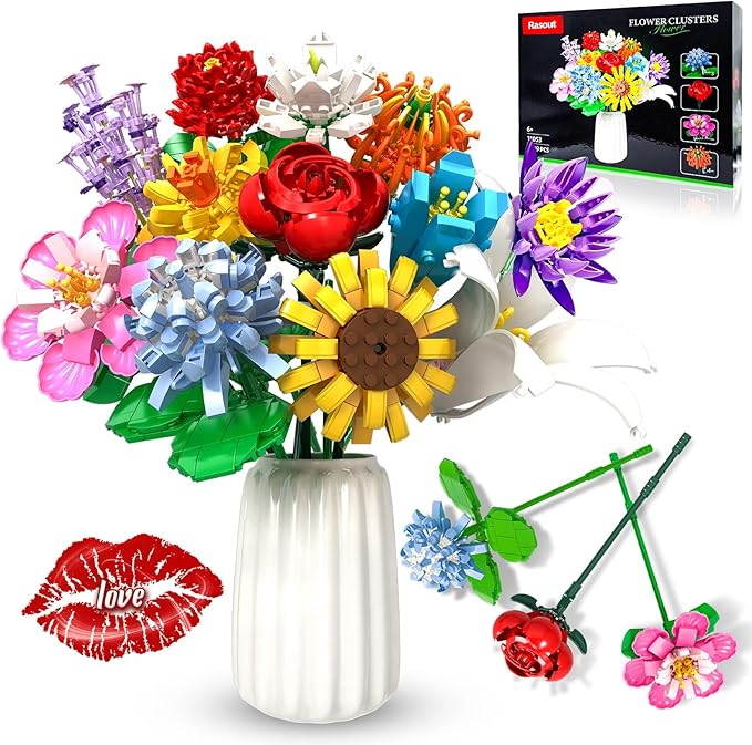 Flowers Bouquet Building Set - 12 Kinds of Flowers Botanical Collection and Decorative Home for Mother's Day Birthdays Gifts Ideal for 6+ Women Girls Adults No Vase